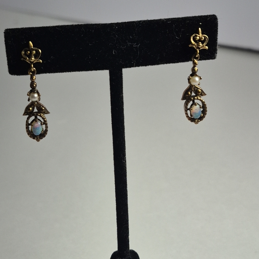 Art Deco Oranate Florentine Opal Dangle Earrings 14k Gold Vintage